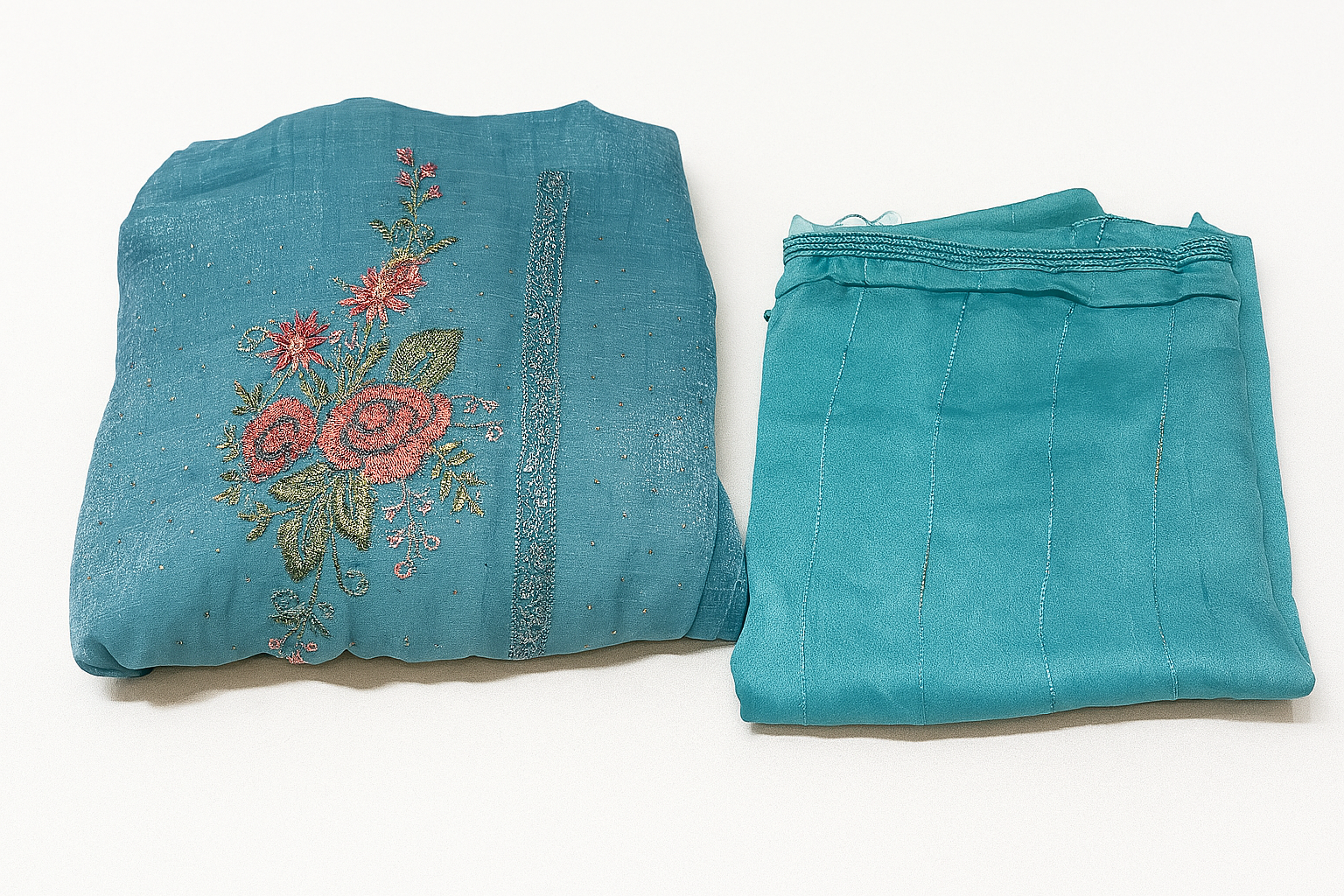Designer Teal Unstitched Suit with Embroidery and Matching Dupatta
